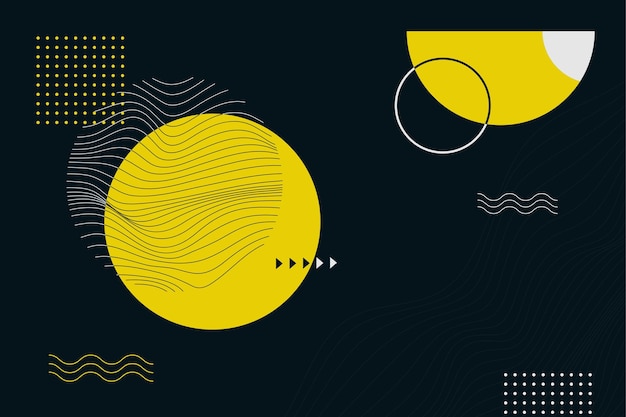 黄色の円形状の波線と黒の背景にドットで抽象的な幾何学的な構成