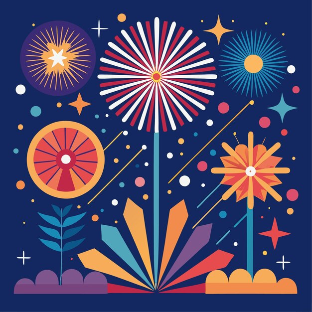 Vector abstract geometric fireworks celebration design with stars flowers and plants