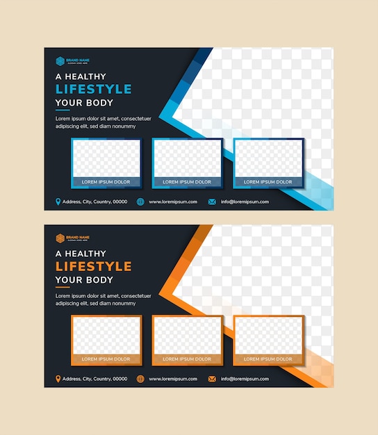 Vector abstract geometric flyer template design for promotion of healthy lifestyle two variation colors for choose are flat blue and orange triangle and rectangle shape of space for photo dark background