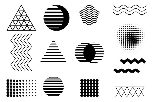 Abstract geometric icons Triangles circles waves in monochrome Optical illusion effects