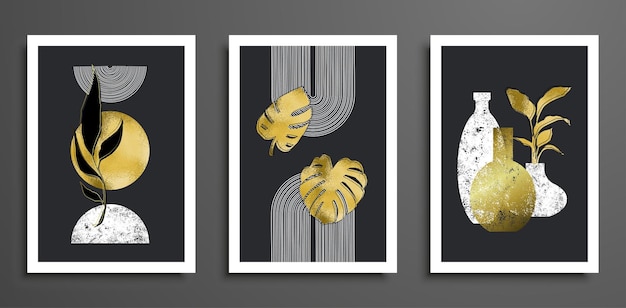 Abstract geometric minimalist wall art composition. Golden geometric shapes, circles, jugs, palm leaves. Wall art collage composition.