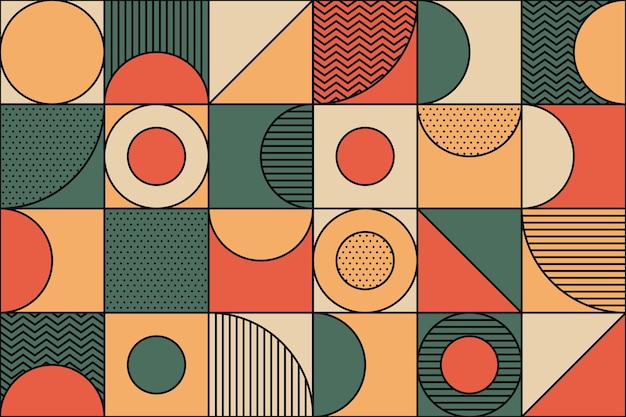 Abstract geometric mosaic seamless pattern with a half circle, and square shapes in Memphis style