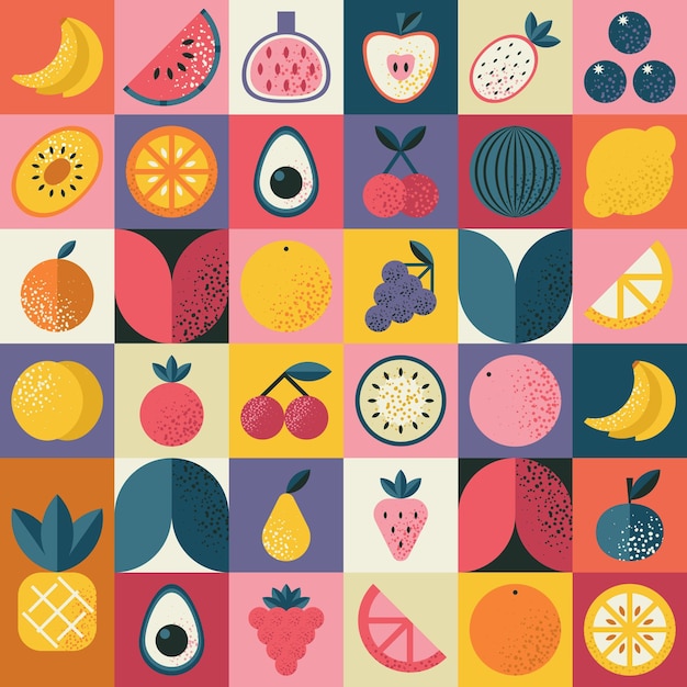 Vector abstract geometric pattern with various fruits in bauhaus style retro grid background vintage