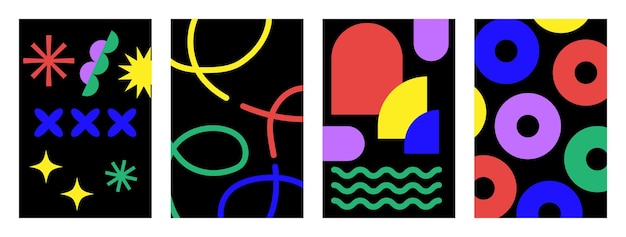 Abstract geometric posters set in trendy retro brutalist style swiss design aesthetic naive playful shapes backgrounds brutal contemporary figure star circle oval wave patterns