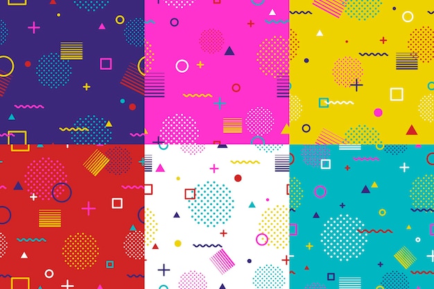 Abstract geometric seamless pattern set in Memphis style.