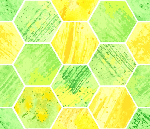 Абстрактный геометрический бесшовный образец с зеленым и желтым шестиугольником Акварельные векторные иллюстрации