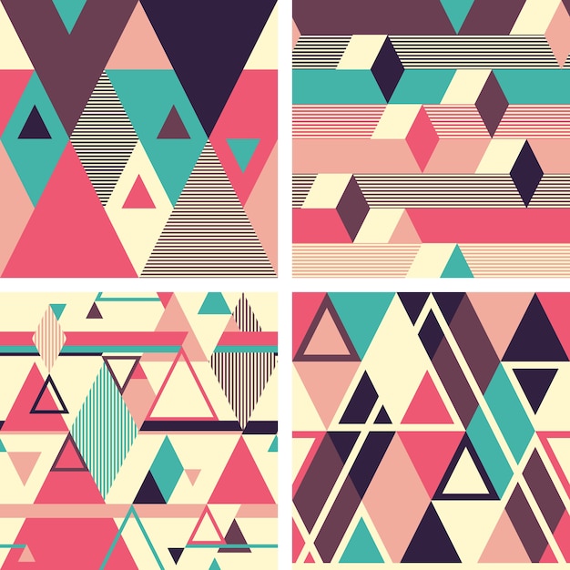 Abstract geometric seamless patterns on light background. Set 2