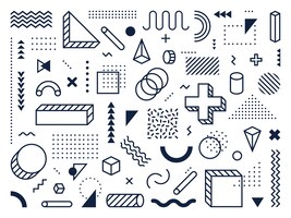 Abstract geometric shapes. outline circle, triangle and cube. trendy memphis style symbols, lines and dots patterns. geometry maths hipster ornament abstract signs. isolated vector icons set