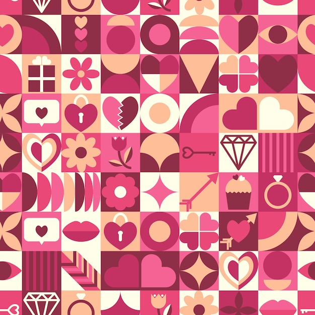 Vector abstract geometric valentines day seamless pattern with symbol of love in bauhaus style