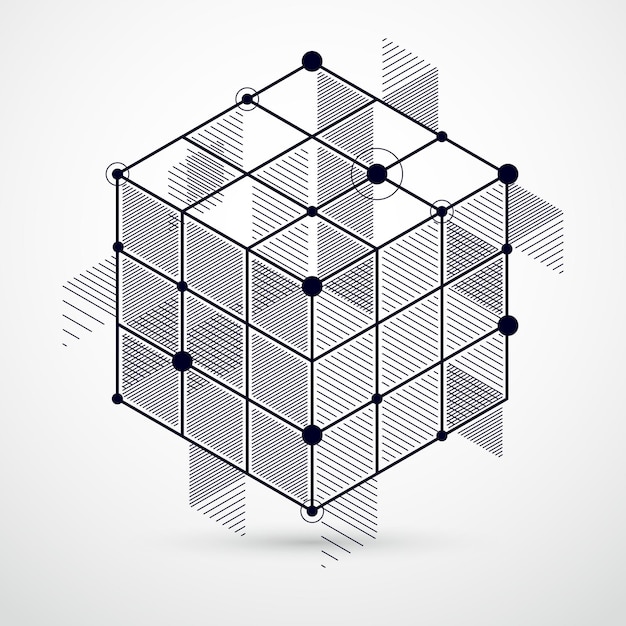 立方体やその他の要素と抽象的な幾何学的なベクトルの黒と白の背景。立方体、六角形、正方形、長方形、抽象的な要素の構成。あなたのデザインに最適な背景