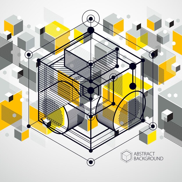 Abstract geometric vector yellow background with cubes and other elements. Composition of cubes, hexagons, squares, rectangles and abstract elements. Perfect background for your design projects.