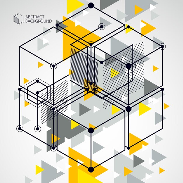 Fondo giallo di vettore geometrico astratto con i cubi e altri elementi. composizione di cubi, esagoni, quadrati, rettangoli ed elementi astratti. sfondo perfetto per i tuoi progetti di design.