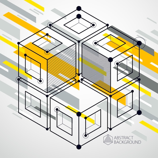Abstract geometric vector yellow background with cubes and other elements. Composition of cubes, hexagons, squares, rectangles and abstract elements. Perfect background for your design projects.