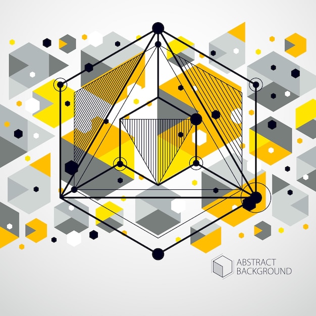 Abstract geometric vector yellow background with cubes and other elements. composition of cubes, hexagons, squares, rectangles and abstract elements. perfect background for your design projects.