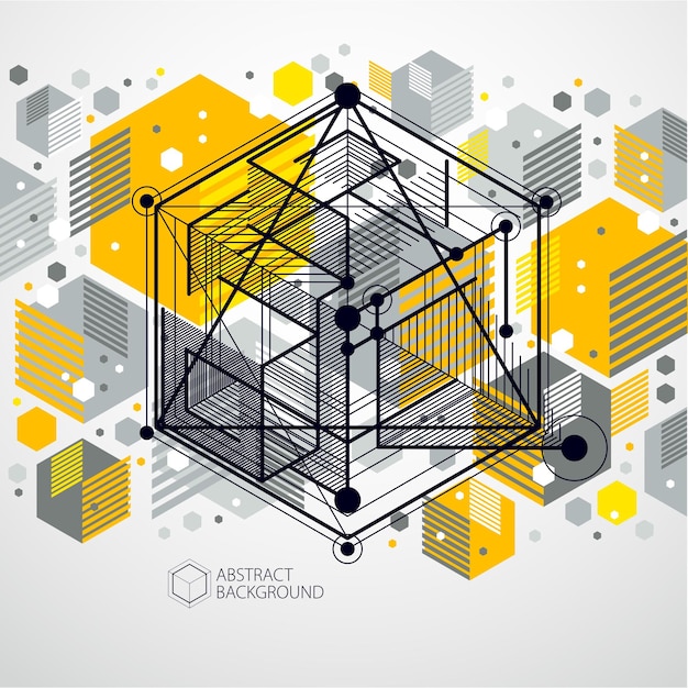Abstract geometric vector yellow background with cubes and other elements. Composition of cubes, hexagons, squares, rectangles and abstract elements. Perfect background for your design projects.