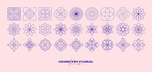 ベクトル 抽象的な幾何学的な花のセット。シンプルな線のアイコン。モノクロ多角形植物ベクトル。