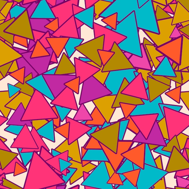 Abstract geometrical seamless pattern with colorful blue, gold, orange, pink chaotic triangles