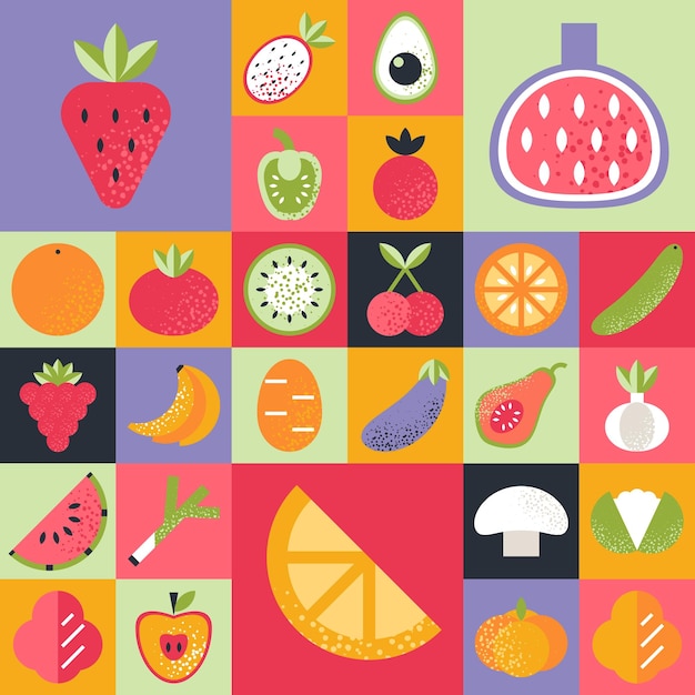 Vector abstract geometrisch patroon met diverse groenten en fruit in bauhaus-stijl retro raster