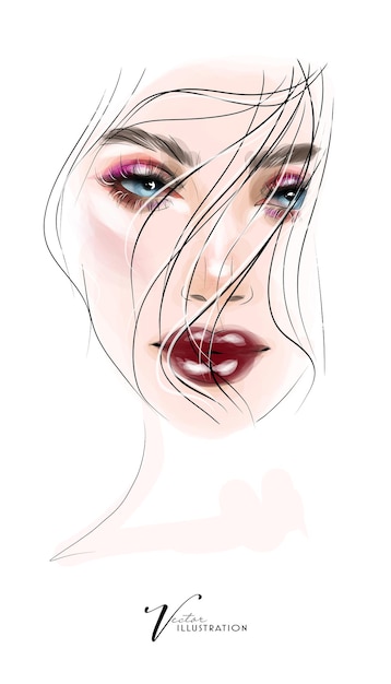 Abstract girl model face makeup drawing vector sketch