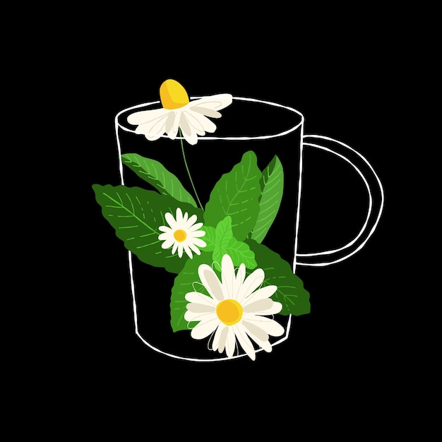 Abstract glass cup illustration with herbal chamomile tea on a black background