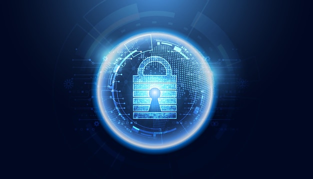 추상 글로벌 도트 네트워크 서클 디지털 사이버 보안 자물쇠 연결 및 파란색 배경에 미래 통신