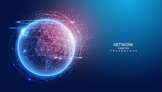 Vector abstract global dot network connection and communication futuristic on blue background.