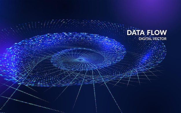 Abstract glowing data flow with dotted lines and binary elements Concept of big data digital visualization and information technology
