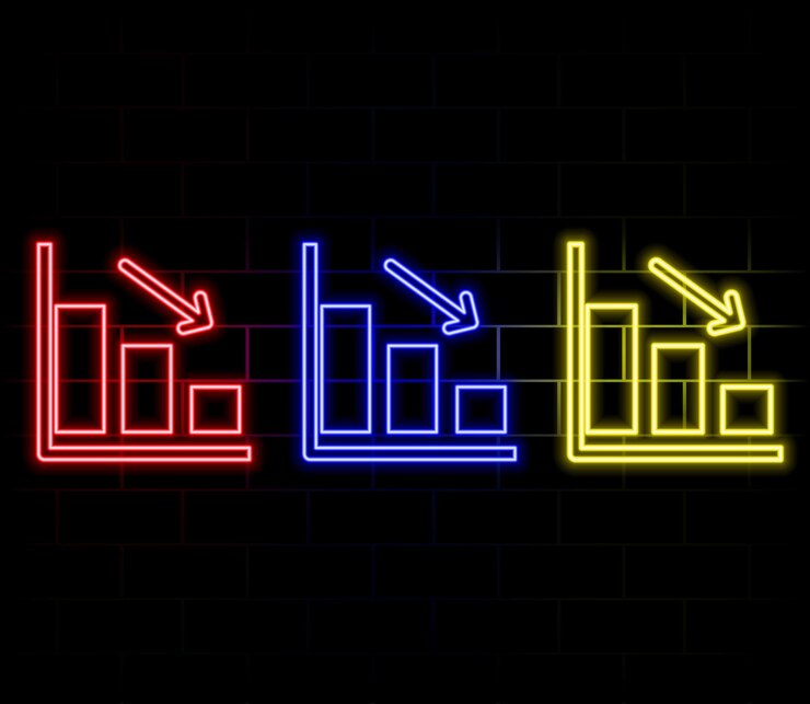 Vector abstract glowing neon falling business graph chart icon illustration 4k