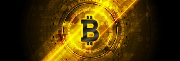 Abstract glowing technology background with bitcoin emblem
