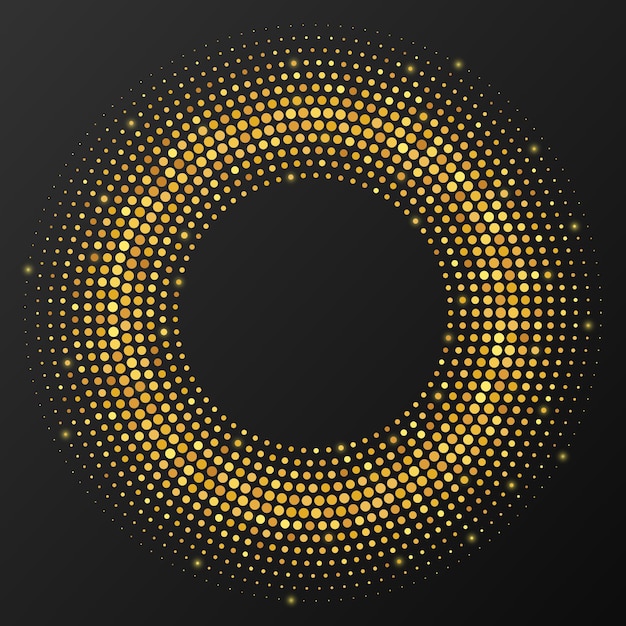 Abstract gold glowing halftone dotted background. Gold glitter pattern in circle form. Circle halftone dots. Vector illustration