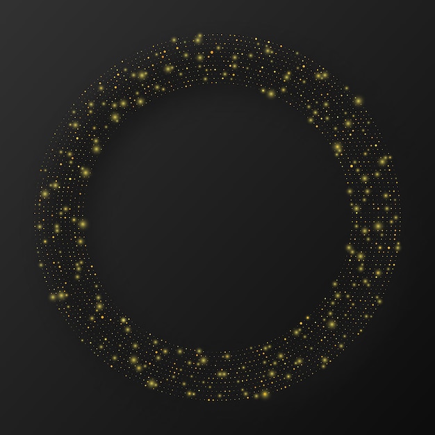 Абстрактное золото светящийся полутоновый точечный фон. золотой блеск в форме круга. обведите полутоновые точки. векторная иллюстрация