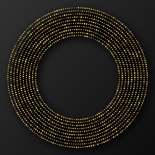 Абстрактный золотой светящийся полутоновый пунктирный фон. золотой блеск узор в форме круга. обведите полутоновые точки. векторная иллюстрация