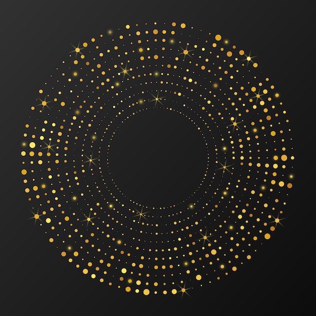 Абстрактный золотой светящийся полутоновый пунктирный фон. золотой блеск узор в форме круга. обведите полутоновые точки. векторная иллюстрация