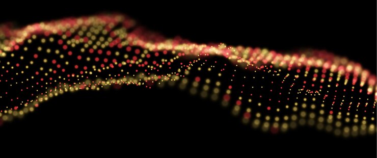 Vector abstract gold and red particles background flow wave with dot landscape digital data structure