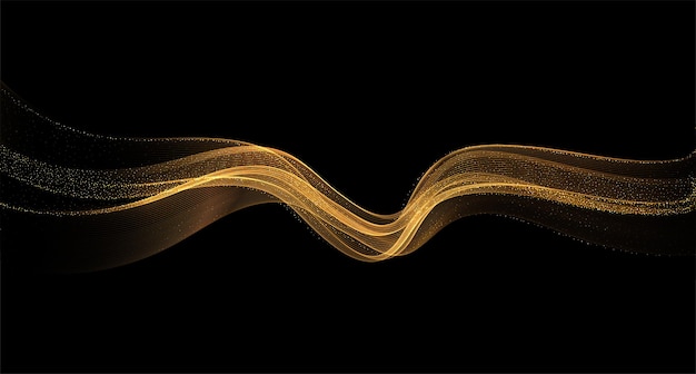 Abstract Gold smoke Waves. Shiny golden moving lines design element with glitter effect on dark background for gift, greeting card and disqount voucher. Vector Illustration