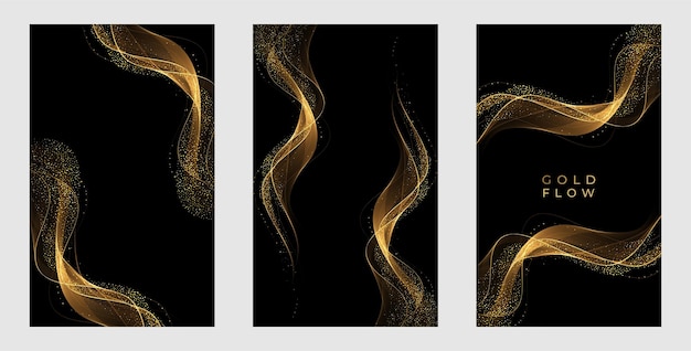 ベクトル 抽象的な金の煙の波。ギフト、グリーティングカード、バウチャーの暗い背景にキラキラ効果のある光沢のある金色の動く線のデザイン要素。ベクトルイラスト