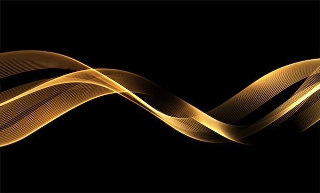 抽象的な金の煙の波。ギフト、グリーティングカード、バウチャーの暗い背景に光沢のある動く線のデザイン要素。ベクトルイラスト