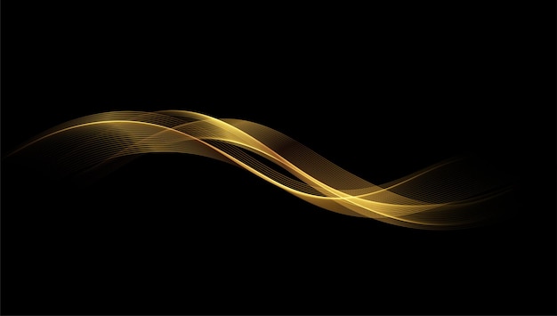 ギフトの挨拶のための暗い背景の抽象的な金の波光沢のある金色の動く線のデザイン要素
