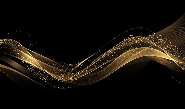 Vector abstract gold waves. shiny golden moving lines design element with glitter effect on dark background for greeting card and disqount voucher.