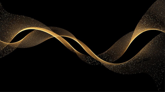 Vettore onde astratte dell'oro. elemento di design con linee mobili dorate lucide con effetto glitter su sfondo scuro per biglietto di auguri e buono sconto.