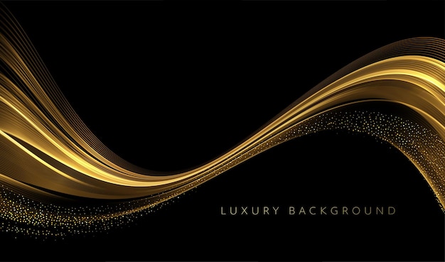 Abstract gold waves shiny golden moving lines design element with glitter effect on dark background ...