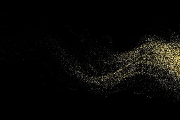 Abstract golden confetti particles in wave shape Glitter effect on dark background for greeting card voucher invitation
