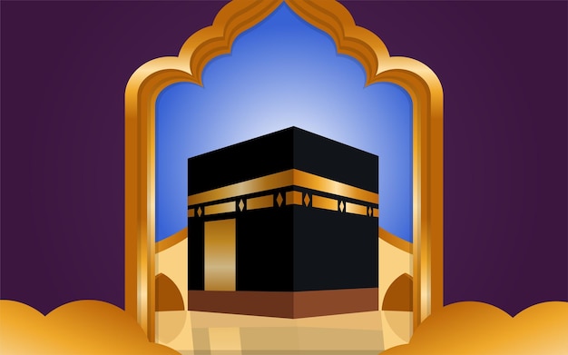 Abstract golden gate of the mosque and kabaah alharam mosque above the clouds on purple background Hajj concept Vector Illustration