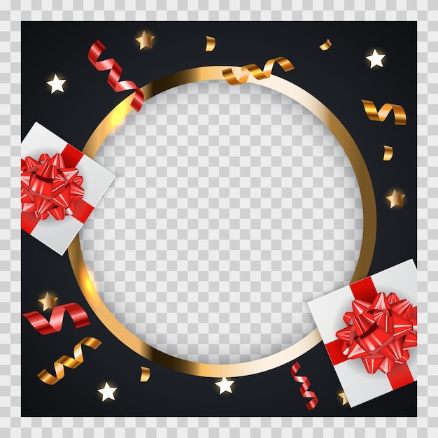 Abstract golden glossy frame background with gifts and tinsel.