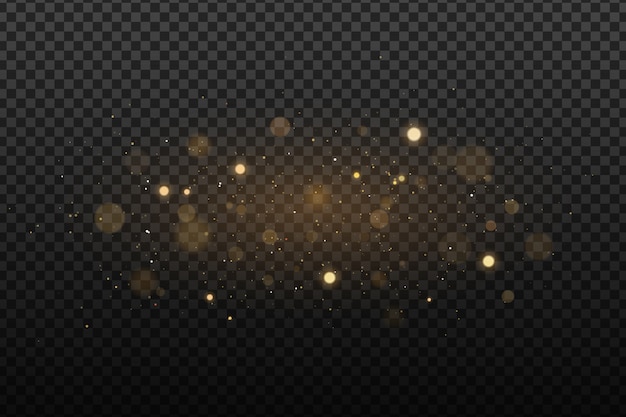 Абстрактные золотые огни на темном прозрачном фоне. Блики от летящих светящихся частиц. Световой эффект.