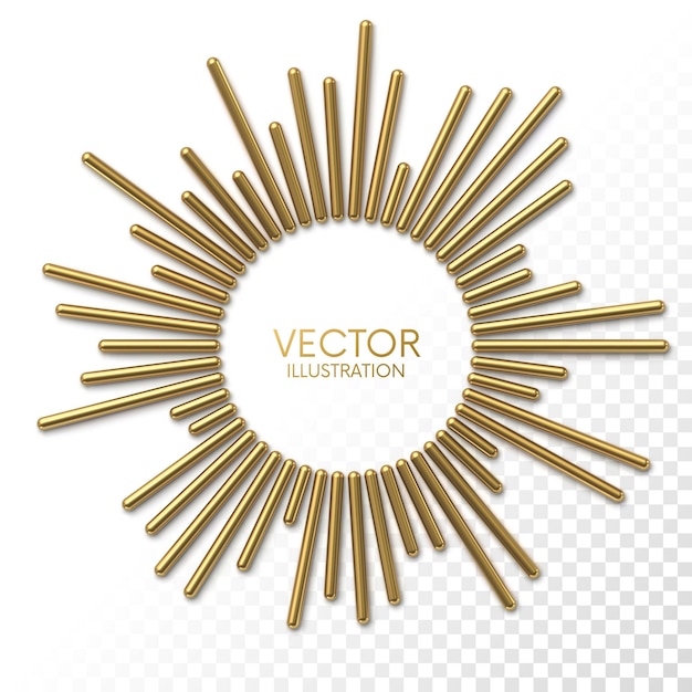 Abstract golden linear burst rays arranged in circle frame on white background