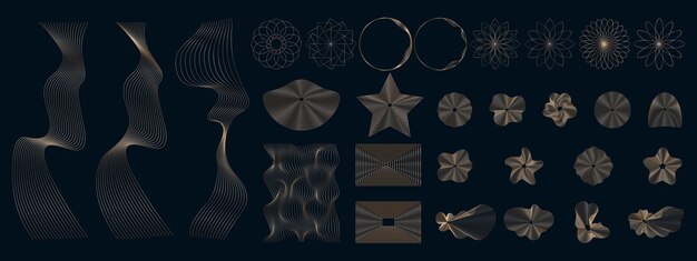 さまざまな形の抽象的な黄金の線形要素 波状の黄金のデザイン要素のセット