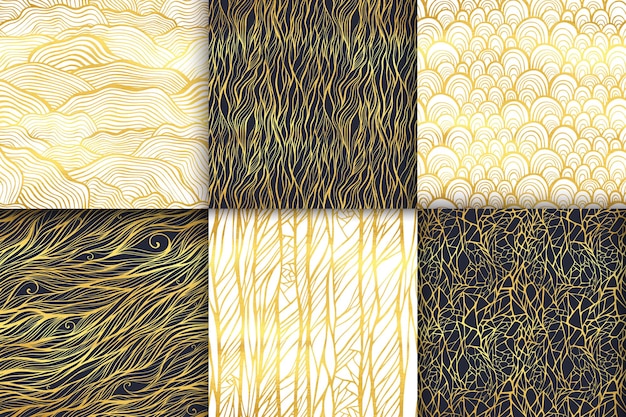 Abstract golden seamless pattern set Waves curly lines spiral stripes scale ornament