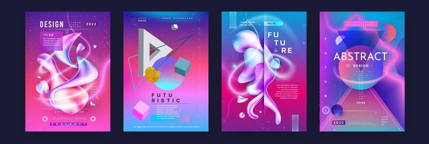 Abstract gradient background Minimal geometric dynamic forms banner with flow of glow 3D texture futuristic card pink and purple hologram colors creative contemporary minimal vector set