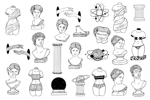 Abstract greek ancient sculpture and surreal geometric shapes set of stickers pins patches in trendy